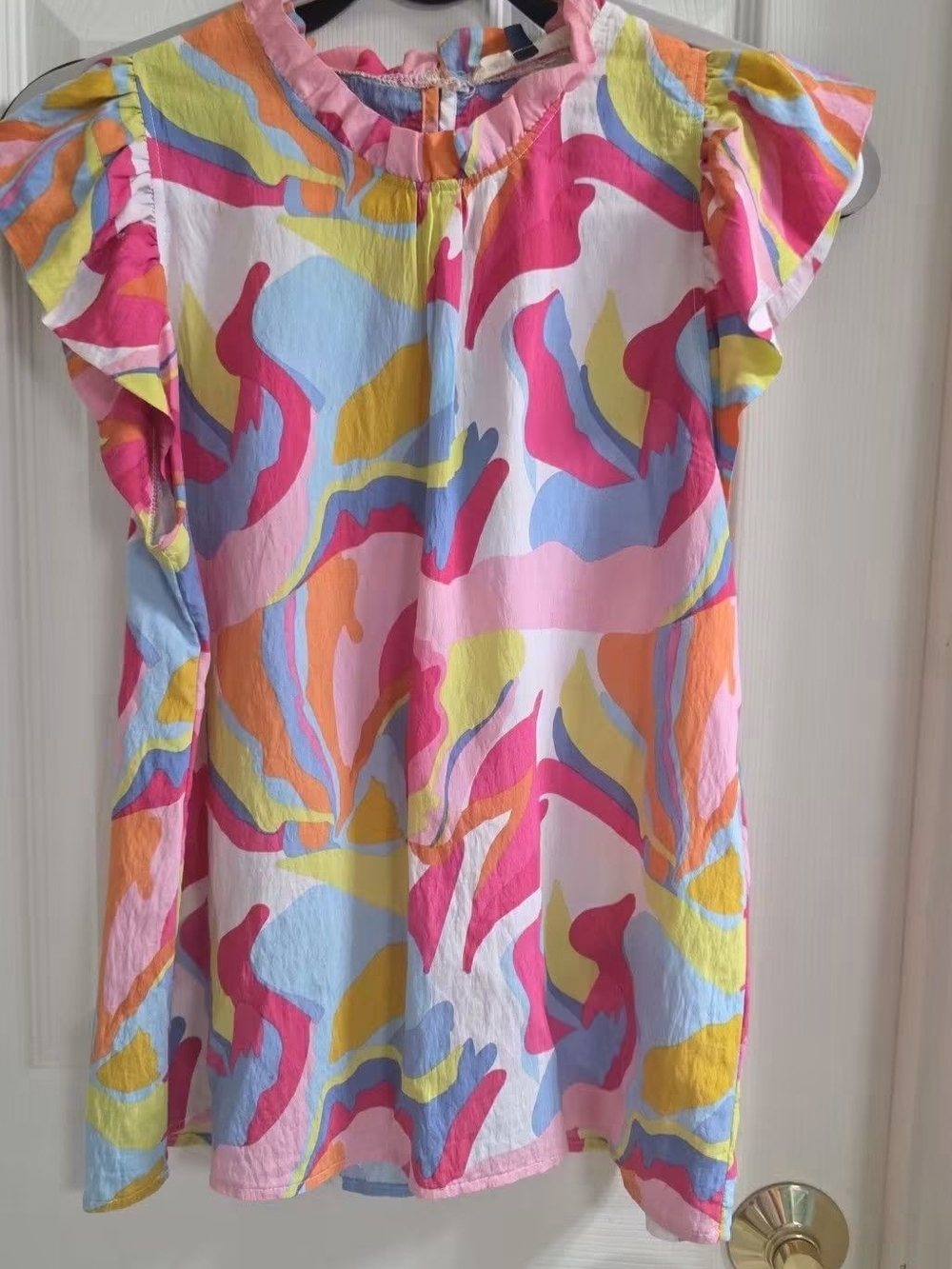 Multicolor Flutter Sleeve Blouse - Vibrant Pink & Pastel Print